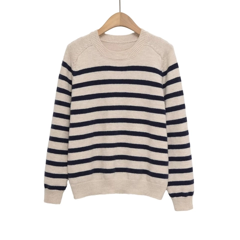 Pull En Tricot Rayé Pour Femmes Col Rond Manches Longues Mélange D'acrylique Décontracté Élégant
