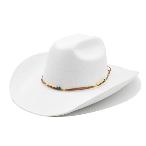 Retro Western Cowboy Hat Wool Felt Wide Brim Ethnic Beaded Leather Band Unisex Vintage Fedora Jazz Cap
