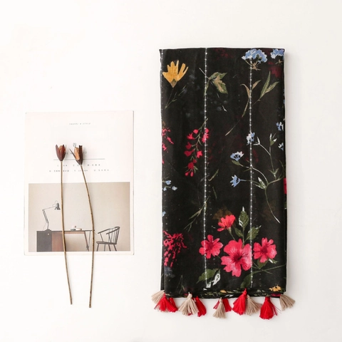 Vintage Ethnic Floral Scarf Large Polyester Shawl Wrap With Metallic Thread And Tassels For Women