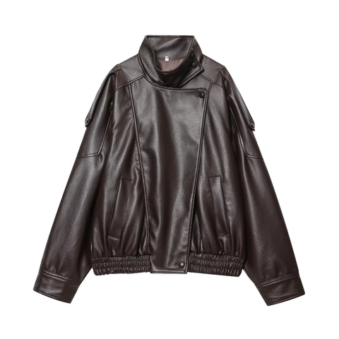 Giacca In Pelle Pu Da Donna Collo Alto Cappotto In Ecopelle Streetwear Vestibilità Ampia Biker Orlo Elastico Cerniera