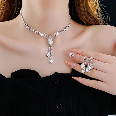 Collana E Orecchini Di Strass A Goccia Con Perno In Argento 925 Lega Di Rame Nappa Elegante Gioielli Per Matrimonio