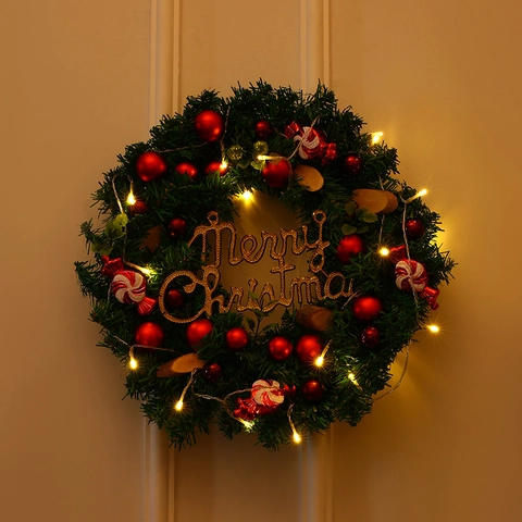 Weihnachtskranz Künstliche Kiefernnadel Warme LED Lichter Dekorative Kugel Schleife Kiefernzapfen Wandbehang Dekor