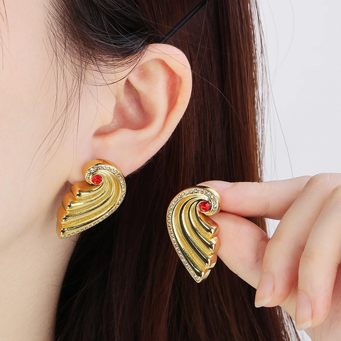 Wing Stud Earrings Stainless Steel With Rhinestones And Colorful Glass Stone Vintage Golden Wave Shell Jewelry For Women