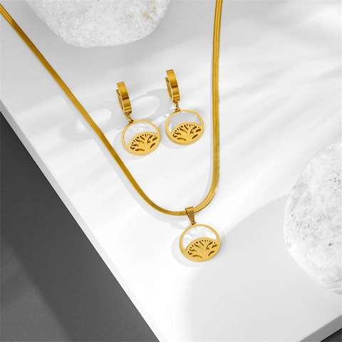 Tree Of Life Necklace And Earrings Titanium Steel Mother Of Artificial Pearl Gold Snake Chain Jewelry For Women Elegant Hypoallergenic