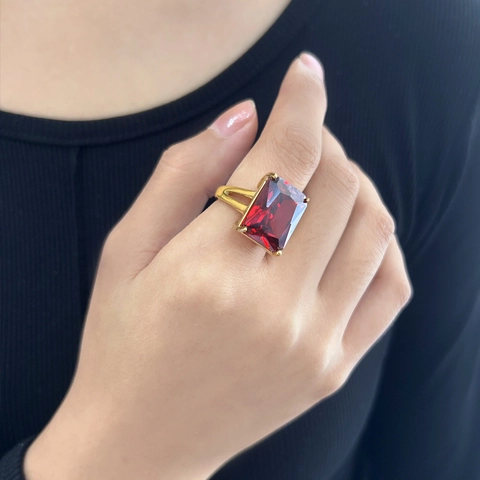 Vintage Punk 18K Gold Plated Stainless Steel Ring Large Emerald Cut Zirconia Inlaid Square Finger Ring For Women Jewelry