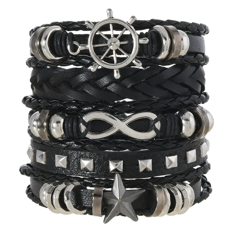 Herren Vintage Punk Mehrlagiges Geflochtenes Lederarmband Set Unendlichkeitssymbol Ruder Stern Legierung Anhänger Schmuck