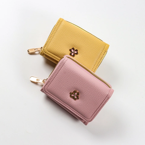 Women Short Trifold Wallet Lychee Grain PU Leather Small Zipper Coin Purse With Flower Buckle Sweet Macaron Color