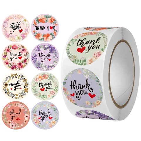 Round Thank You Stickers Floral Adhesive Labels For Wedding Gift Wrapping Business Envelope Sealing Decoration Roll
