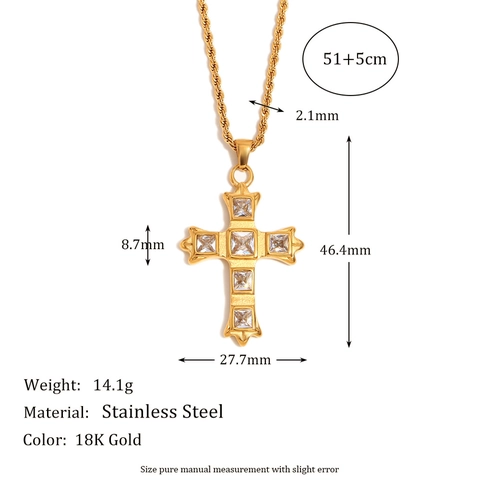 Collana A Croce In Acciaio Inossidabile Da Donna Placcata Oro 18K Pendente Zircone Quadrato Catena A Corda Torsione