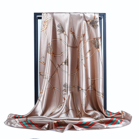 Elegant Satin Square Scarf Satin Feeling Chain Tassel Print Retro Headscarf Shawl Fashion Accessory