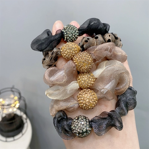 Haargummis Scrunchies Organza Satin Elastische Haarbänder Plissiert Leopardenmuster Straßball Zubehör Für Damen Mädchen