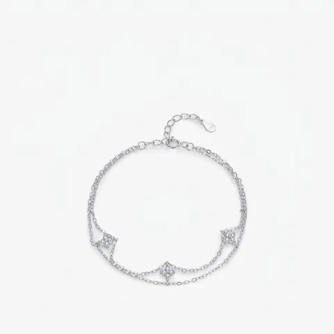 Bracciale Quadrifoglio A Doppio Strato Argento Sterling 925 Zircone Scintillante Gioielli Eleganti Per Donna