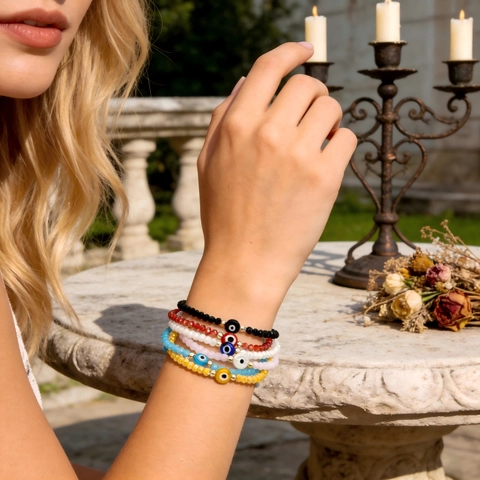 Bracelet Perles Mauvais Œil Fait Main Cristal Verre Facetté Élastique Bijoux Amulette Chanceuse Pour Femmes Hommes