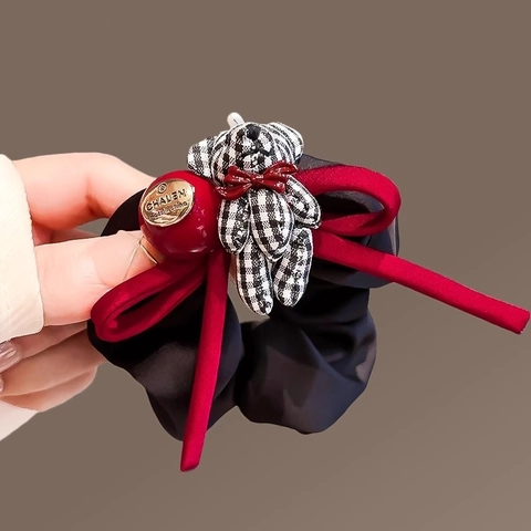 French Style Plaid Bear Bowknot Scrunchie Hair Tie Elastic Satin Fabric Velvet Ribbon Sweet Hair Accessories For Women