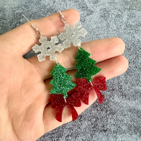 Boucles D'oreilles Pendantes De Noël Paillettes Acrylique Flocon De Neige Arbre De Noël Nœud Lettre HOHO Bijoux De Fête Pour Femmes