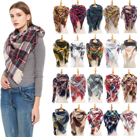 Women Classic Plaid Triangle Scarf With Tassel Fringe Soft Warm Woven Winter Shawl Wrap Large Checkered Fashion Cape