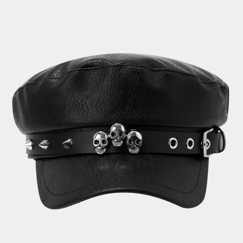 Berretto Militare Punk In Pelle PU Nero Con Punte In Metallo E Borchie A Teschio Cappello Gotico Per Uomini E Donne