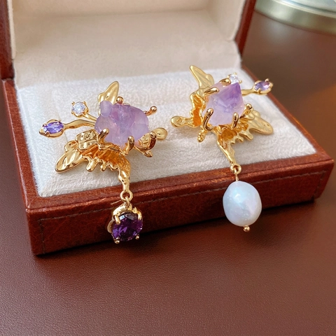 Pendientes Asimétricos Con Perla Barroca Artificial Amatista Circón Y Poste De Plata Esterlina 925 Estilo Mariposa Vintage