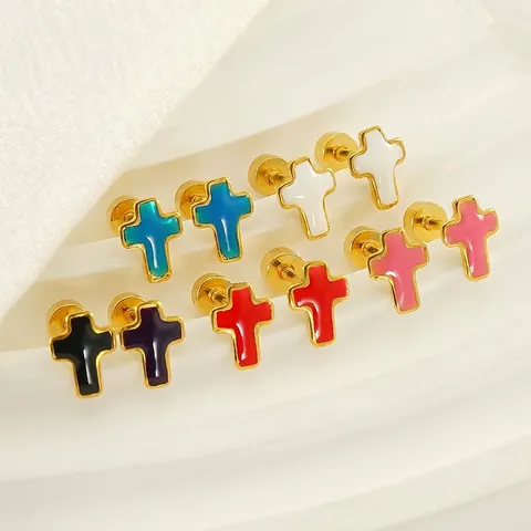 Orecchini A Croce Acciaio Inossidabile Placcato Oro 18K Smalto Minimalista Chiusura A Vite Gioielli Moda Donna