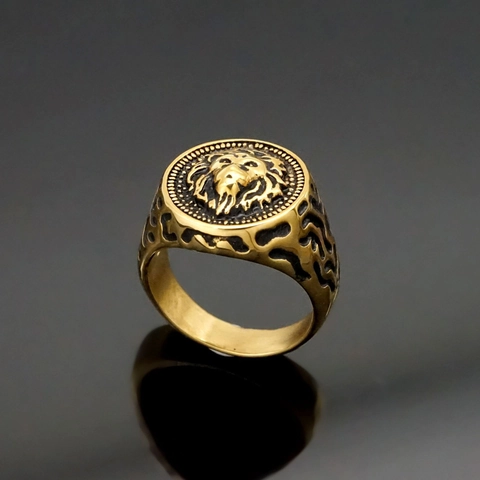 Vintage Lion Head Signet Ring Stainless Steel Domineering Punk Animal Jewelry For Men Gold Color