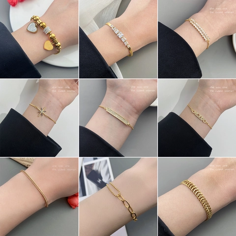 Pulsera De Acero Inoxidable Para Mujer Chapada En Oro Circonita Perla Artificial Corazón Estrella Mariposa Joyería De Moda Elegante