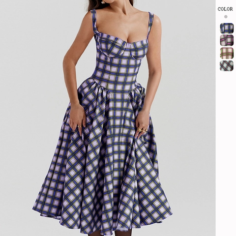 Robe Midi Vintage À Carreaux Pour Femmes Style Corset Bretelles Spaghetti Sans Manches Dos Nu Style Français Évasée