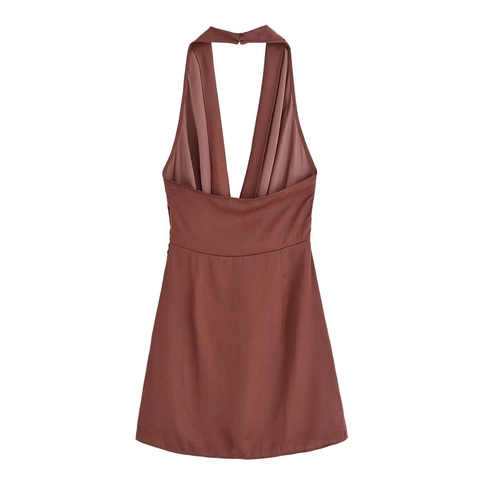 Women Halter Mini Dress Satin Polyester Deep V-Neck Backless Golden Metal Buckle Ruched Party Sleeveless Solid