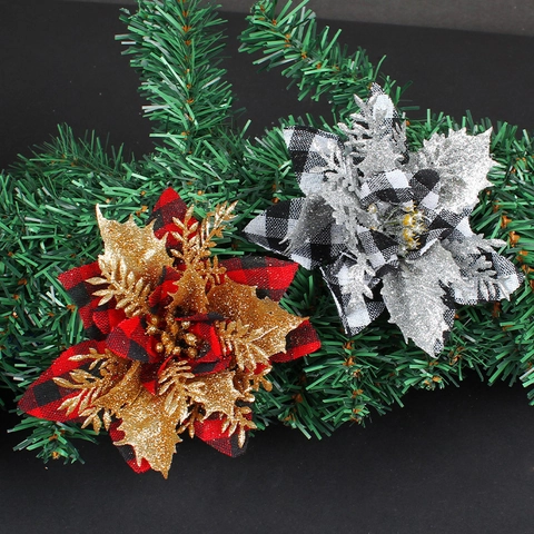 Artificial Plaid Christmas Poinsettia Flowers Glitter Edge Fabric Plastic Festive Tree Hanging Decor Ornament