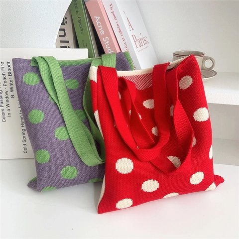 Borsa Tote In Maglia A Pois Reversibile Doppia Faccia Borsa A Tracolla Morbida Chic Borsa Per La Spesa Per Donna Retro