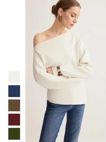 Women Off Shoulder Knit Sweater Asymmetric Hem Long Sleeve Solid Color Polyester Elegant Slim Fit Top