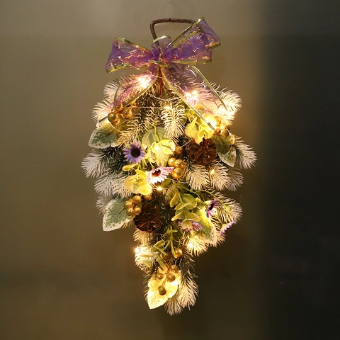 Artificial Christmas Teardrop Swag Frosted Pine Needle Purple Star Bow Gold Berry Hanging Decoration Door Wall Decor