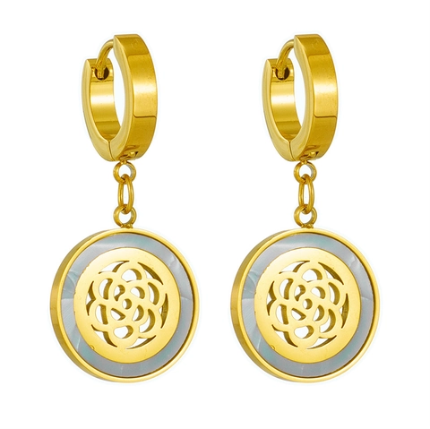 Pendientes De Aro De Acero Inoxidable Con Colgante Redondo Chapado En Oro Flor Hueca Concha Blanca Cristal Joyería Elegante Para Mujeres
