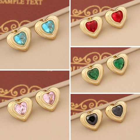 Heart Stud Earrings With Stainless Steel Earring Post Gold Plated Colorful Crystal Ripple Textured Vintage Elegant Jewelry