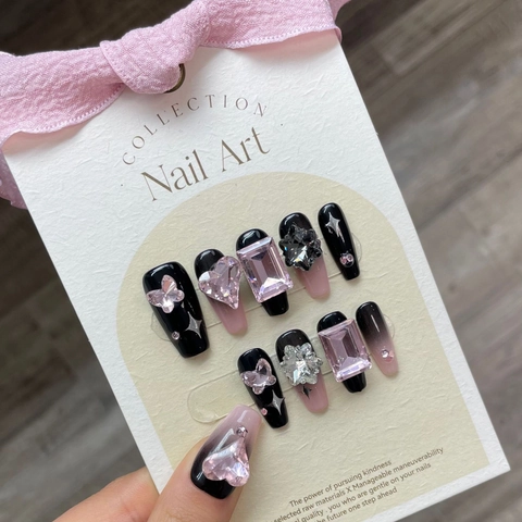 Handgefertigte Y2K Schwarz Rosa Verlauf Press On Nägel Mit Schmetterling Herz Strass 3D Luxus Kunstnägel Set Für Damen Party