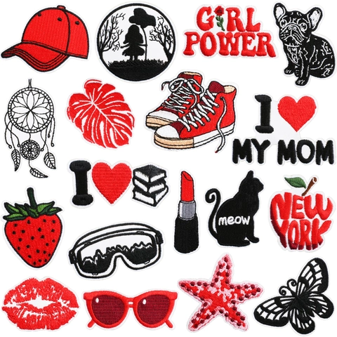 Embroidery Patches Polyester Cartoon Strawberry Cat Lipstick Heart Shapes DIY Clothing Bag Decoration Applique