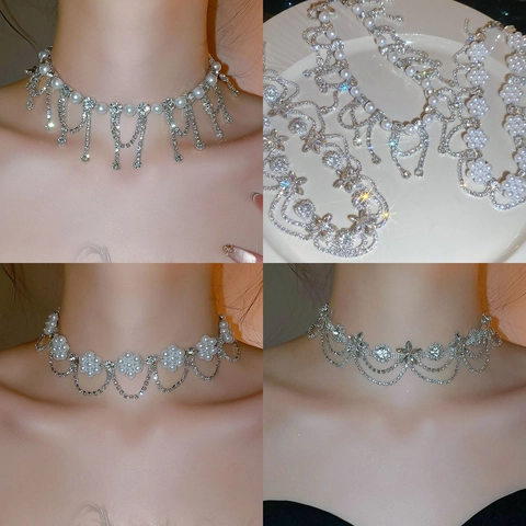 Elegant Flower Artificial Pearl Tassel Choker Necklace Vintage Rhinestone Iron Metal Wedding Party Jewelry For Women