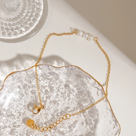 Tobillera De Perlas De Agua Dulce Acero Inoxidable Chapado En Oro Cadena Delgada Joyería Pies Ajustable Para Mujer Verano