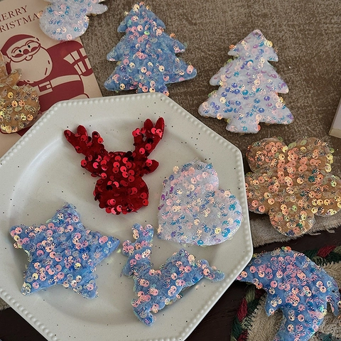 Sparkling Sequin Christmas Tree Reindeer Star Heart Patches For DIY Holiday Decoration Ornaments Glitter Fabric Applique