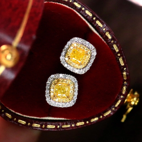Elegant Cushion Cut Yellow Zirconia Double Halo Stud Earrings For Women Copper Base Wedding Party Fashion Jewelry Accessories