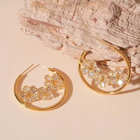 Flower Hoop Earrings Zircon Inlaid Gold Plated Copper Floral Jewelry With Silver Earring Post Elegant Sweet For Women