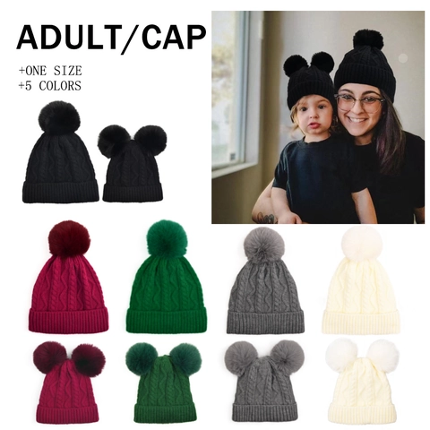 Cable Knit Beanie Hat With Faux Fur Pom Poms Thickened Fleece Lined Winter Warm Outdoor Fashion For Adult And Child