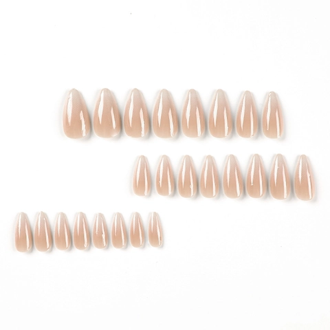 Ombre Press On Nails Nude Pink Almond Shape Artificial Nail Tips With Ribbed Texture Glossy Elegant Long Stiletto Nails