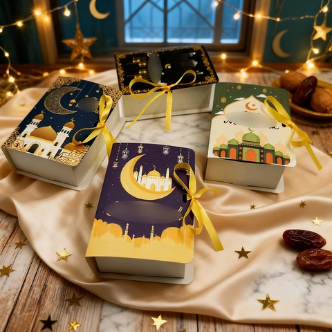 Eid Mubarak Geschenkboxen Buchform Karton Süßigkeiten Box Mit Band Für Ramadan Islamische Party