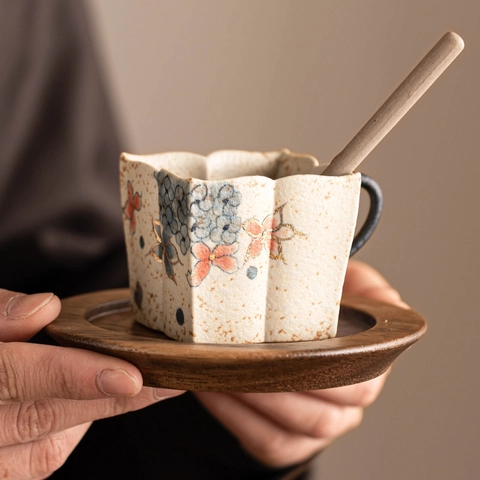 Tazza Da Caffè In Ceramica Dipinta A Mano Ortensia Bordo Dorato Retro Gres Tazza Da Tè Design Petalo Quadrato