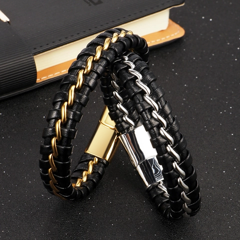 Bracciale Da Uomo In Vera Pelle Intrecciata Multistrato Catena In Acciaio Inossidabile Vintage Punk Fatto A Mano Chiusura Magnetica