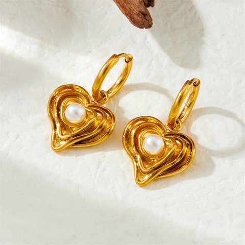 Pendientes De Corazón Con Perla Artificial Bañados En Oro Acero Inoxidable Irregular Multicapa Estilo Vintage Para Mujeres Elegantes