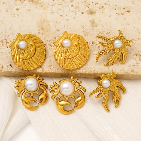 Orecchini A Lobo Serie Oceano Acciaio Inossidabile 304 Placcato Oro 18K Perla Artificial Sintetica Granchio Conchiglia Stile Marino
