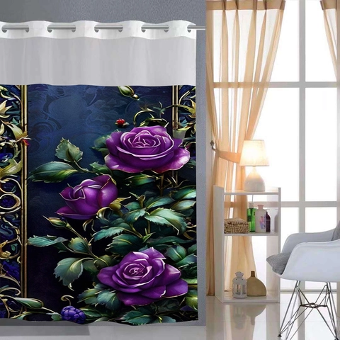 Douchegordijn Waterdichte Polyester Stof Gelaagd Wafelstructuur Bloemenprint Magnetische Bodem Gaasvenster