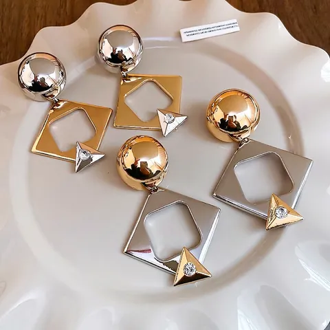 Orecchini Pendenti Geometrici Lega Strass Con Perno In Argento Esagerato Bicolore Metallo Gioielli Di Lusso Per Donne