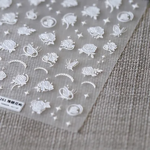 5D Relief Nail Stickers White Rose Butterfly Artificial Pearl Chain Adhesive Nail Decals DIY Manicure Decorations